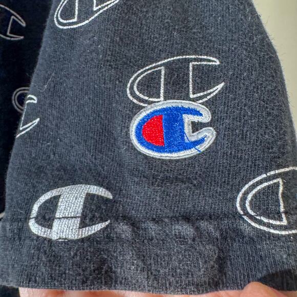 Champion All-Over Repeat Logo T-Shirt | Black & White Streetwear Tee (Size M) - Picture 2 of 5